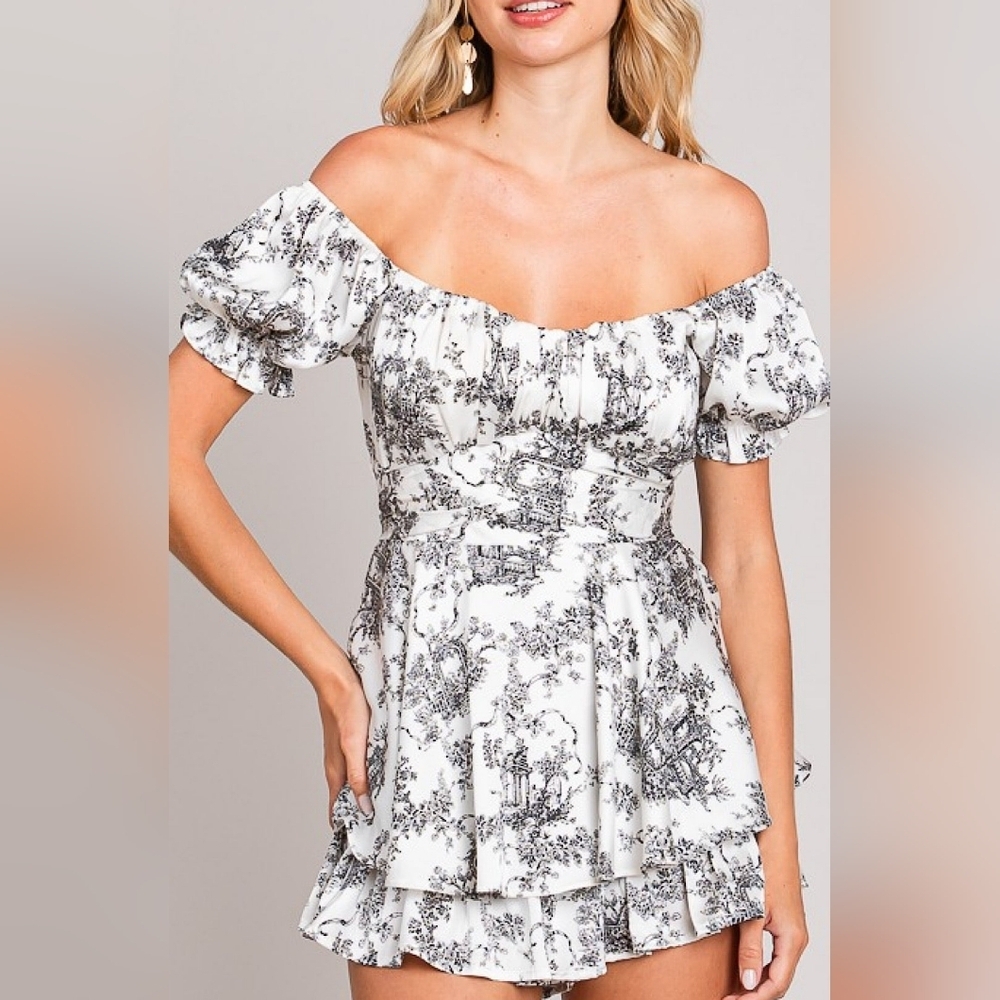 Coquette Girl Off Shoulder Toile Ruffled And Bowed Romper In Medium
